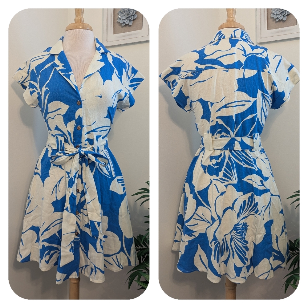OneTheLand Tropical Floral Print Linen Button Up Mini Dress Blue White Medium - Picture 2 of 12